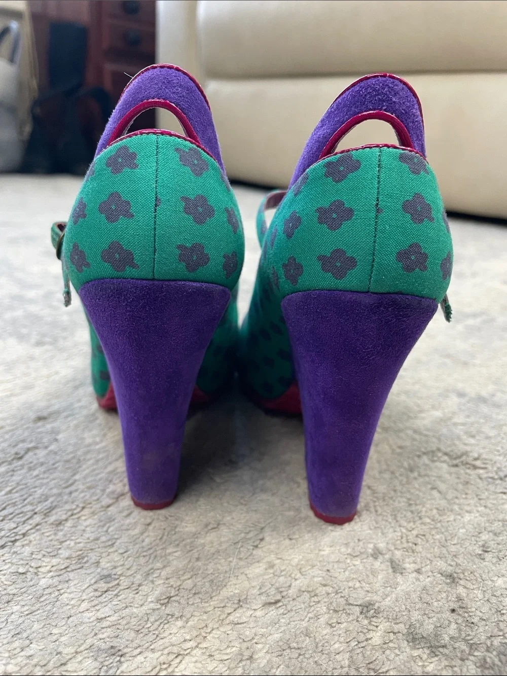 Vintage Marc Jacobs Purple Teal T-Strap Wedge Heels Retro Flower Sz 35.5